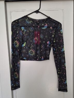 NWT SHEIN Black Sheer Celestial Print Long-Sleeve Mesh Crop Top Y2K